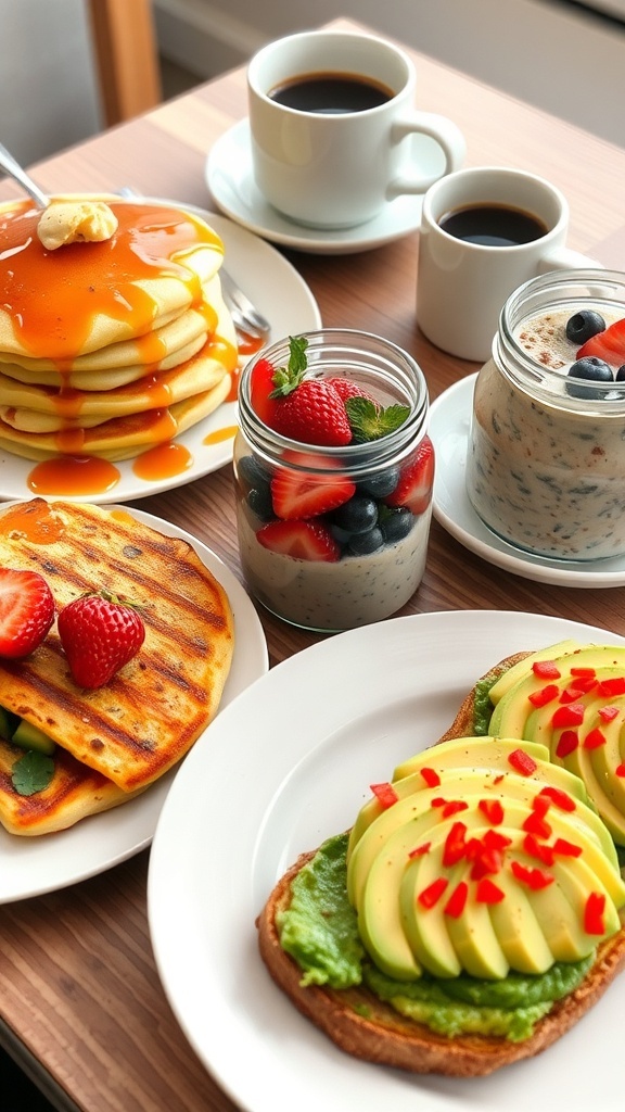 A breakfast spread with pancakes, omelette, overnight oats, and avocado toast on a rustic table.